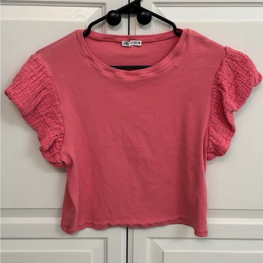 Zara Pink Ruffle Sleeve Crop Top Size L